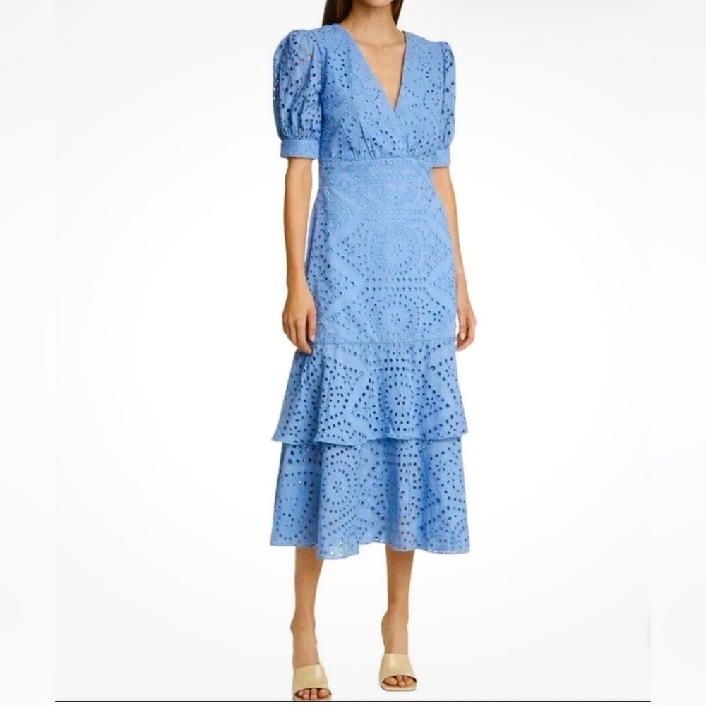 LORANE M Laise blue tiered lace eyelet woman 100% cotton midi cottagecore dress